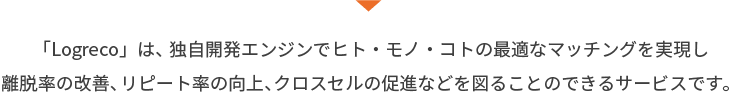 「Logreco」は、独自開発エンジンでヒト・モノ・コトの最適なマッチングを実現し離脱率の改善、リピート率の向上、クロスセルの促進などを図ることのできるサービスです。